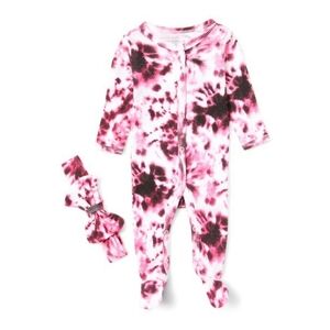NWT Wee Play Pink‎ & Black Tie-Dye Footie & Bow-Accent Headband - 6-9 Months
